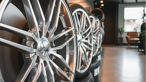 Chrome car rims displayed in a showroom row with a polished floor and blurred seating area in back | 106 St Tire and Wheel