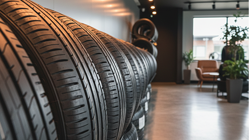 Row of car tires in a modern showroom with a bright window and seating area in the background | 106 St Tire and Wheel