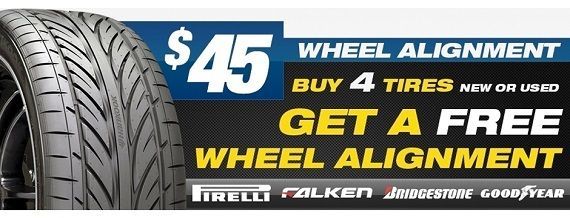 Tire shop ad: $45 wheel alignment, buy 4 tires and get a free alignment, with tire brands shown. | 106 St Tire and Wheel