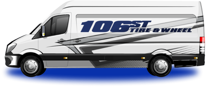 White 106.1 The River radio van with blue lettering and graphics on a plain background | 106 St Tire and Wheel