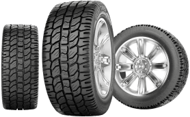 Three car tires, one upright tread view, one large tire with alloy wheel, and one wheel-and-tire side view. | 106 St Tire and Wheel