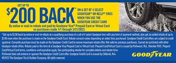 Goodyear promo banner with large yellow “$200 BACK” text and tire offer details on blue background | 106 St Tire and Wheel