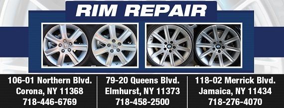 Rim Repair ad with four alloy wheels and three NJ locations: Coram, Elmhurst, and Jamaica | 106 St Tire and Wheel
