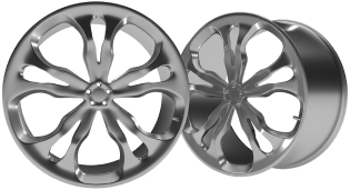 Two shiny chrome car rims with a flower-like spoke design on a white background | 106 St Tire and Wheel