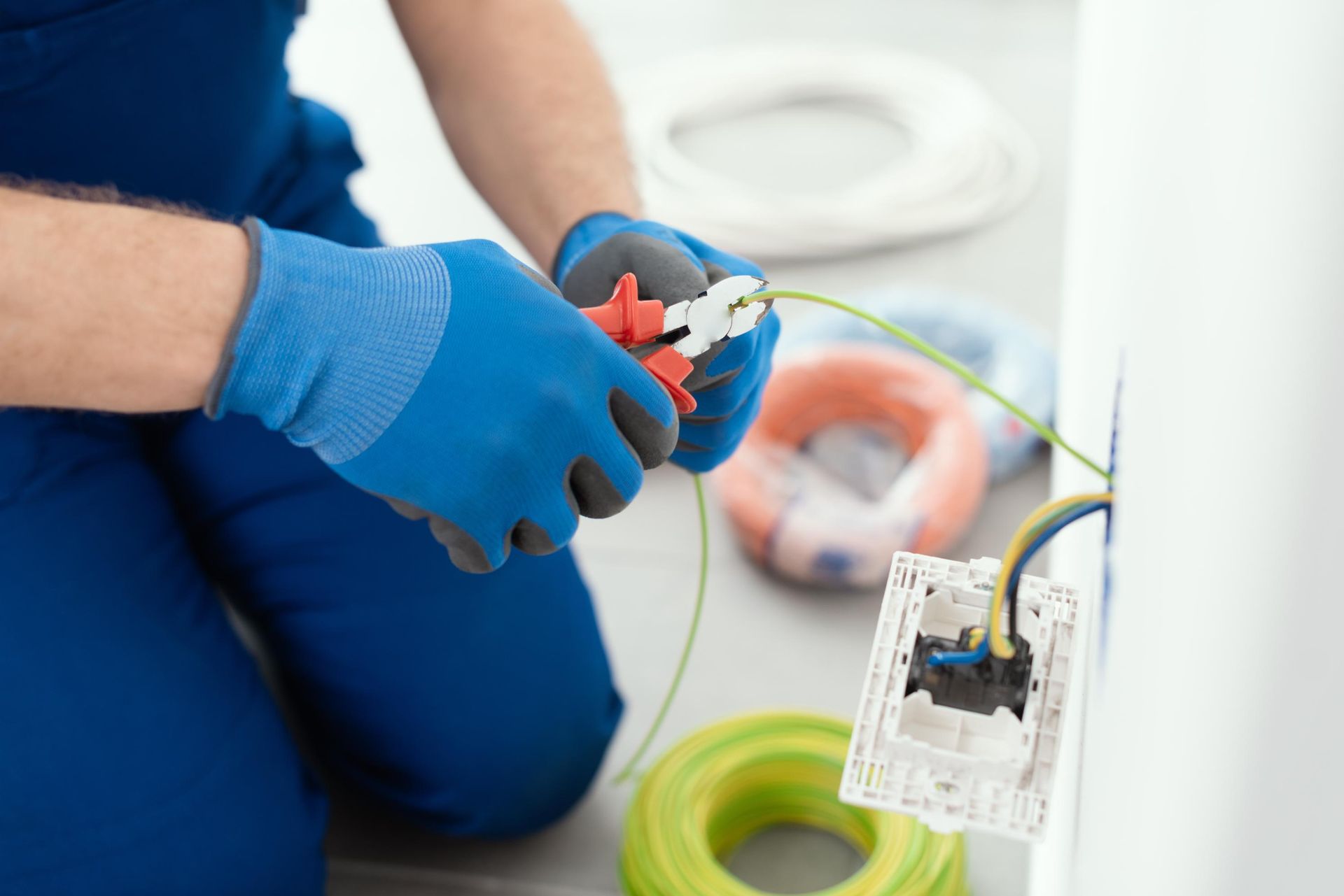 A man wearing red gloves is working on an electrical outlet.