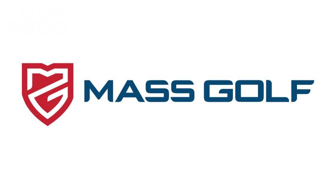 A logo for mass golf with a shield on a white background.