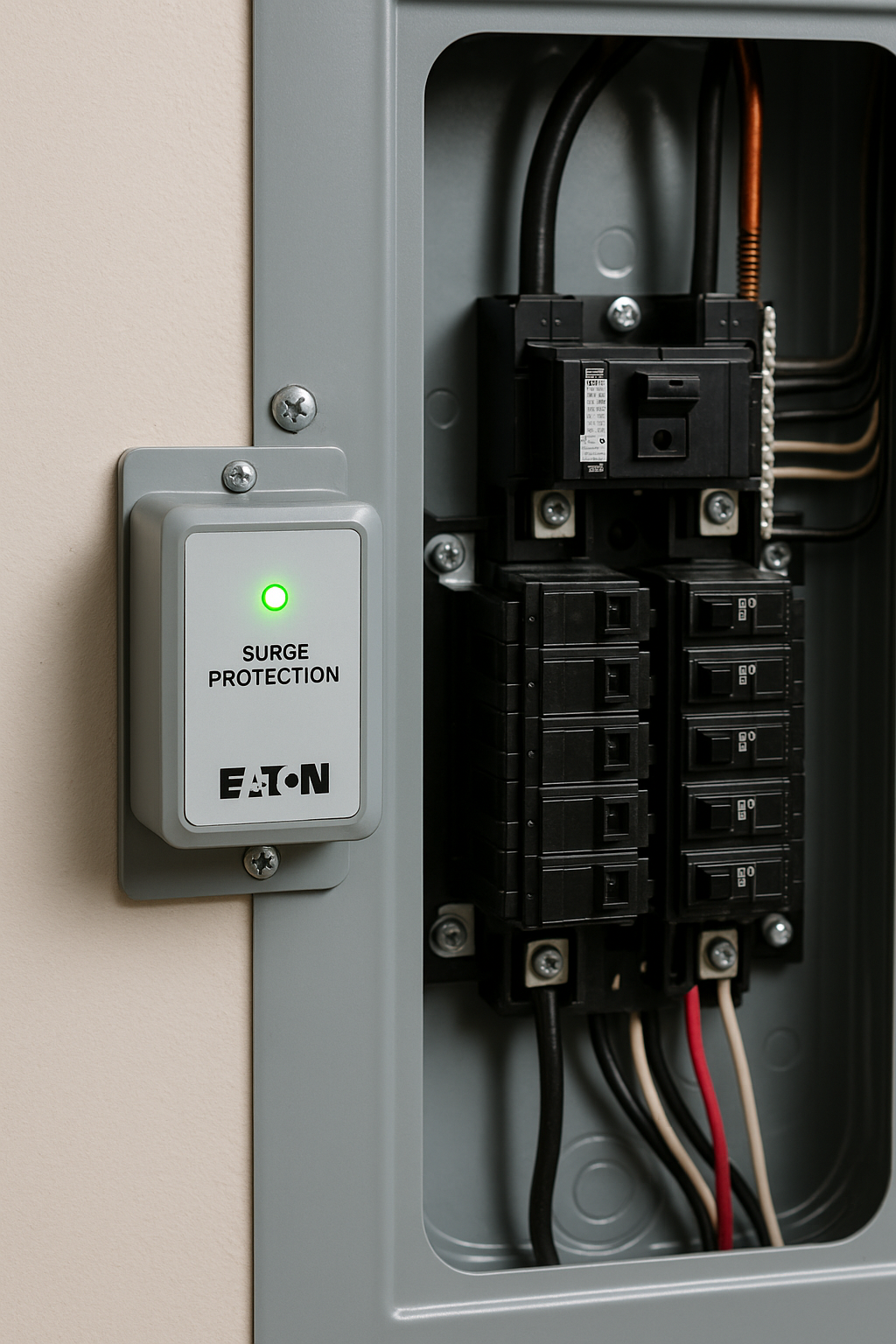 Electrical panel with surge protector, gray metal cabinet, black breakers, green light, and white wires.