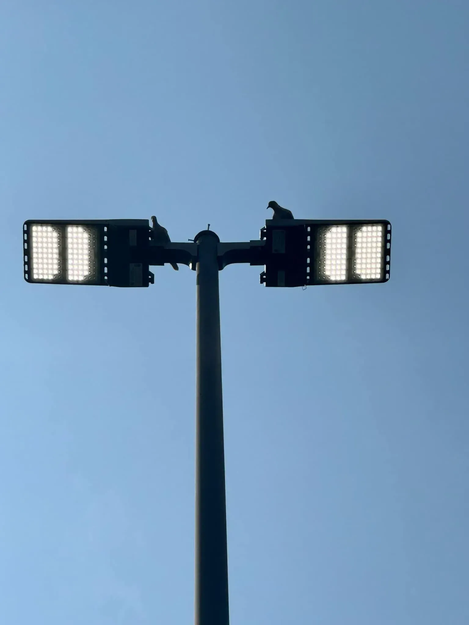 A tall, dark utility pole with two rectangular sets of bright lights against a clear, blue sky.