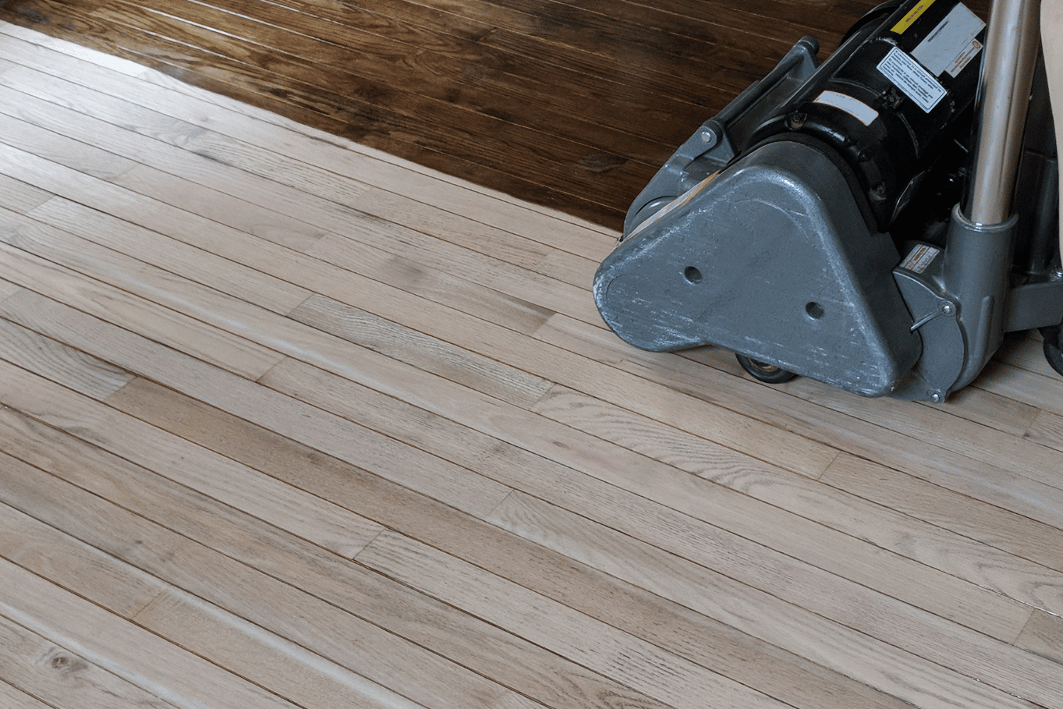 Floor sander staining hardwood floor brown.