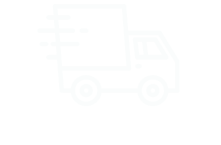 A white line drawing of a delivery truck on a white background.