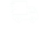 A white line drawing of a delivery truck on a white background.