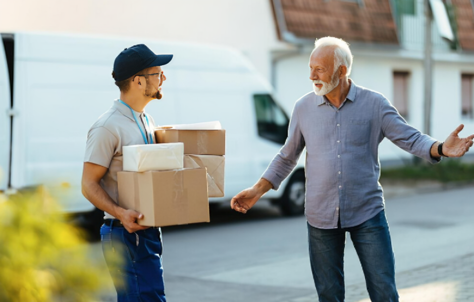 A delivery man is carrying boxes and talking to an older man.