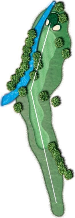 A map of a golf course with a river running through it.