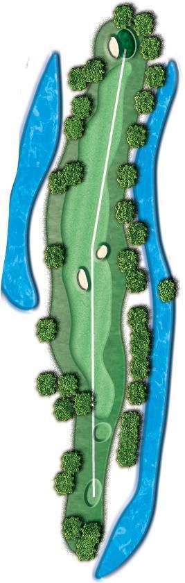 A map of a golf course with trees and a river.