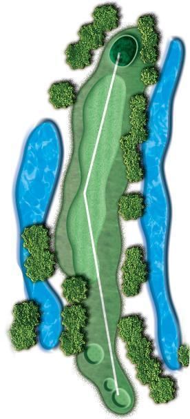 An aerial view of a golf course with trees and water