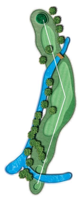 An aerial view of a golf course with trees and a river.
