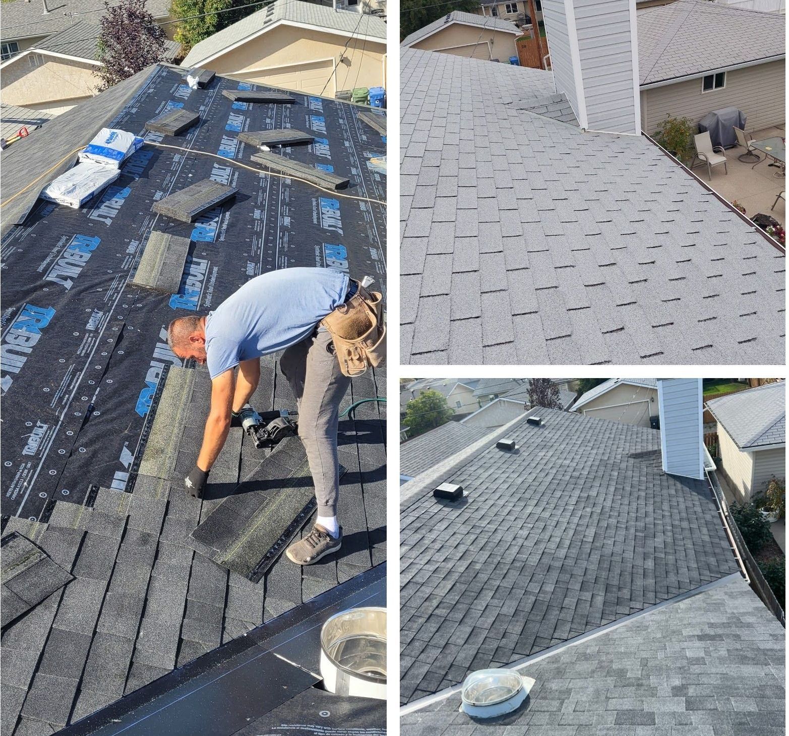 A roofer installing shingles on a house roof. Grey shingles, black underlayment.