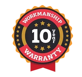 10-year workmanship warranty badge: red, gold, black with stars.