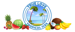 A logo for true love tropical ices with tropical fruits