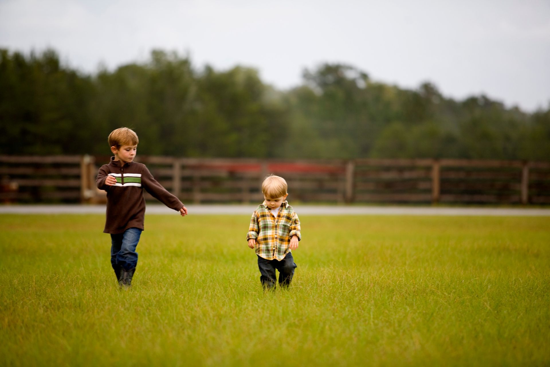 Two kids walking through a field

