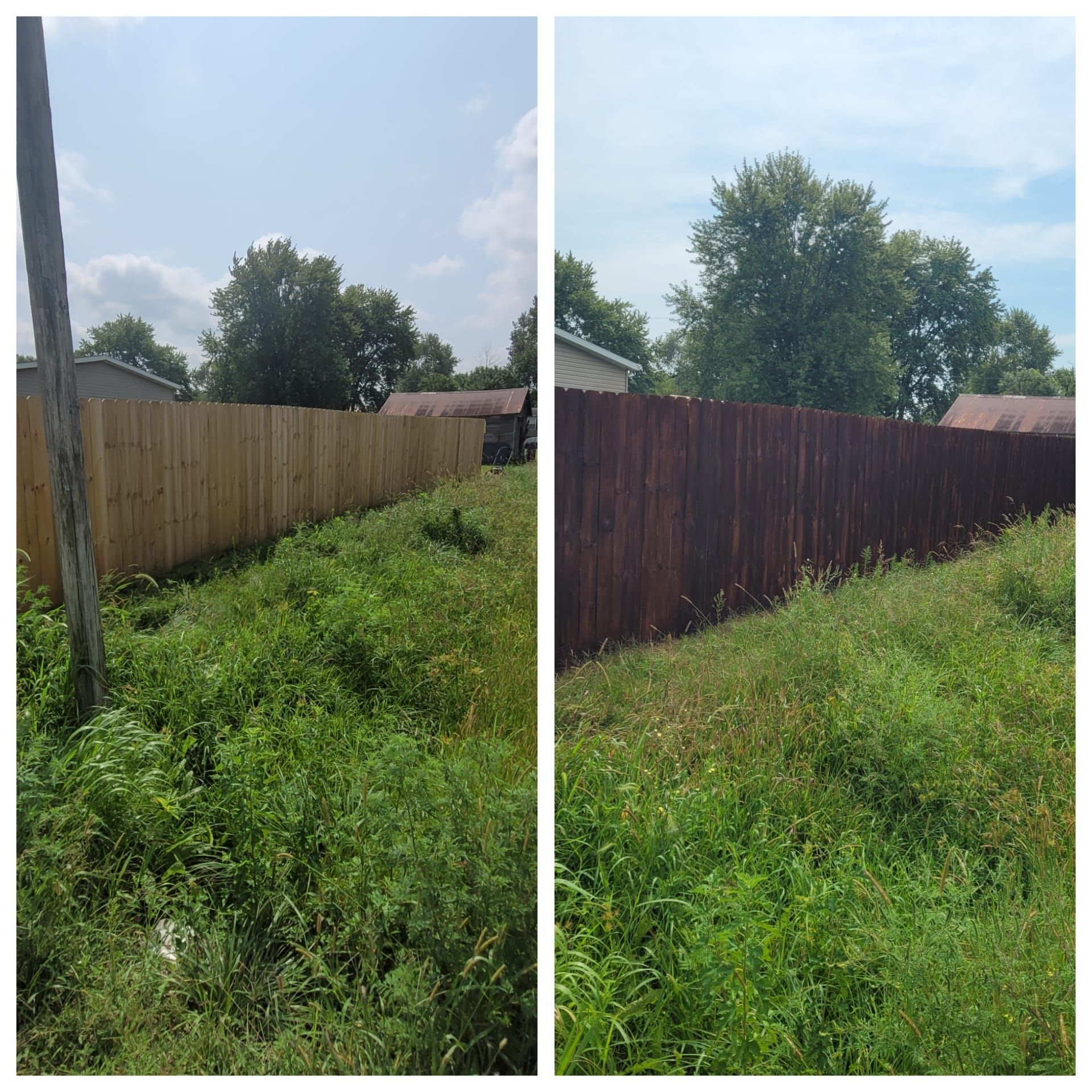 Comparison of a wooden fence before (light) and after (dark stained) with overgrown grass.