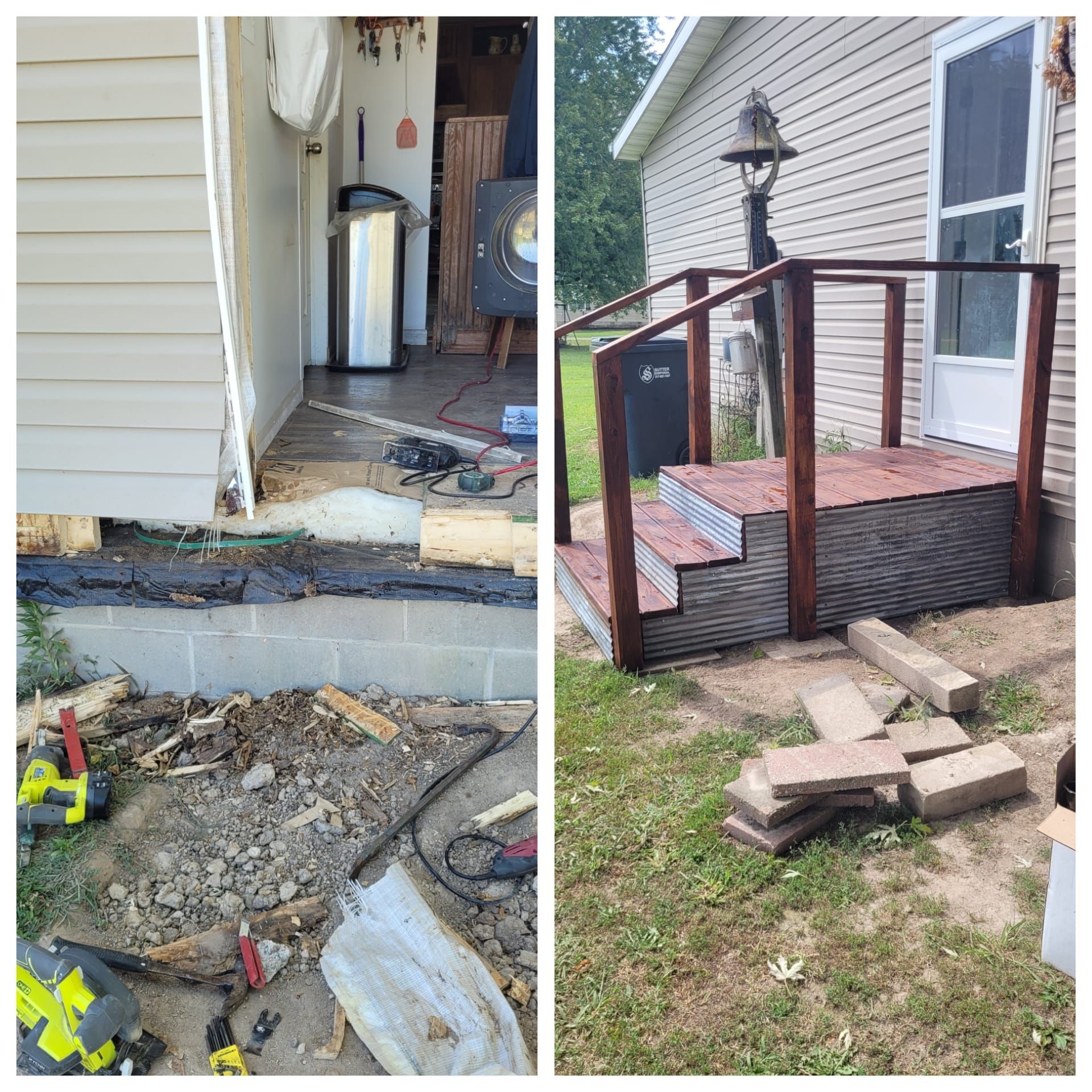 Before and after photos of a porch repair. One photo shows damaged wood and tools, the other a new wooden ramp.