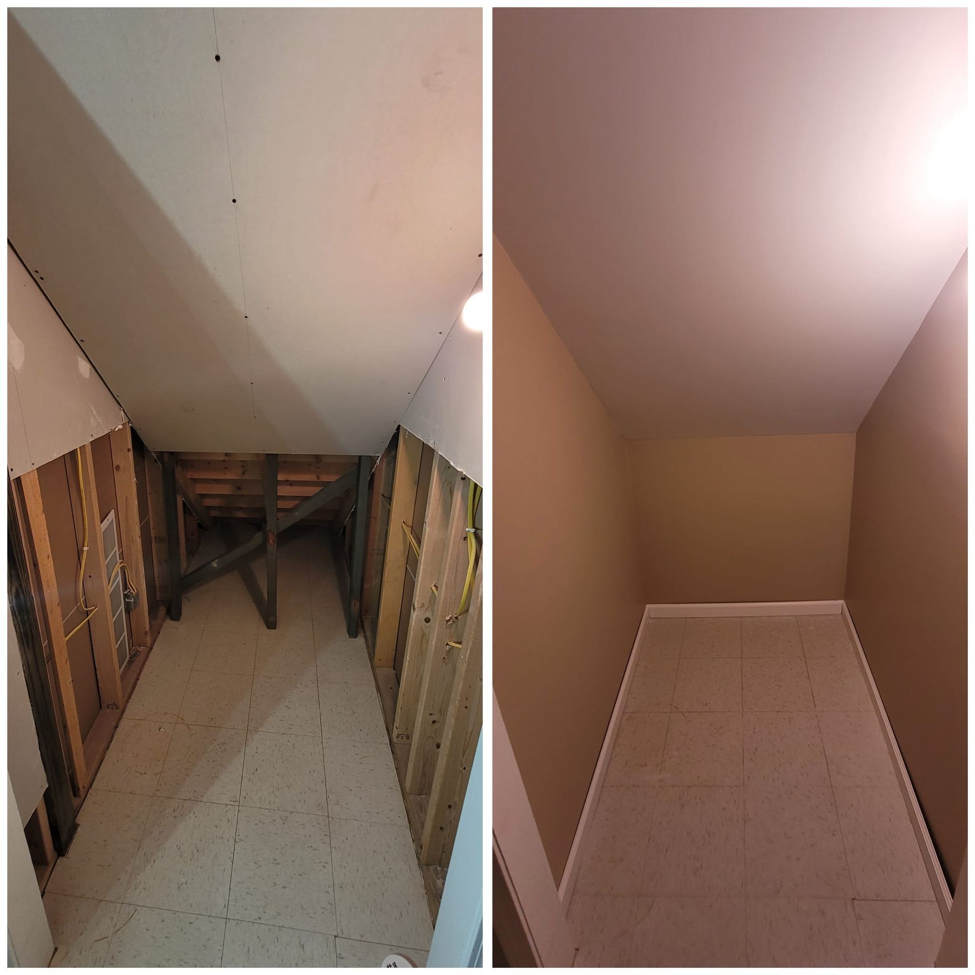Before and after photos of a small room. The first has exposed framing. The second is finished with tan walls and white trim.