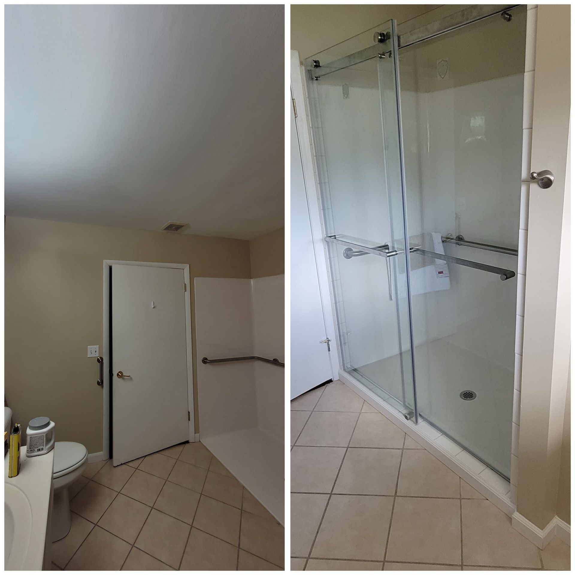 Bathroom with shower, toilet, door, and grab bars. Tile floor and neutral wall colors.