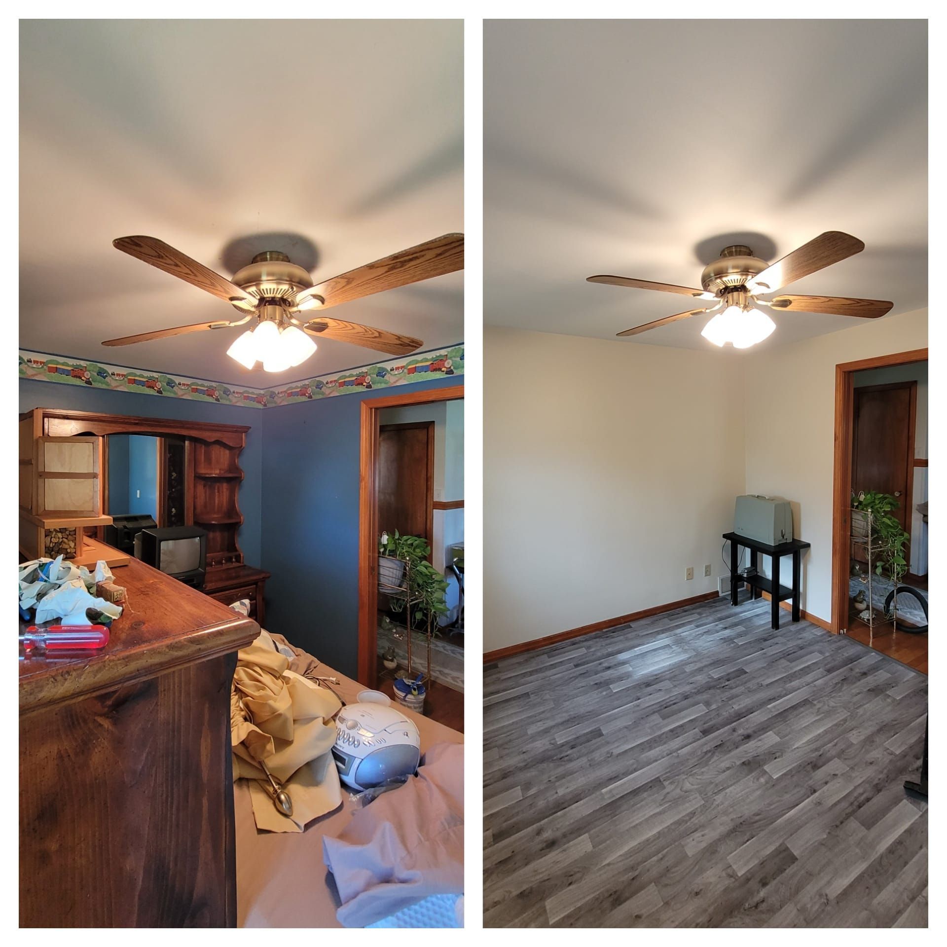Bedroom before/after remodel: blue wall & cluttered furniture, vs. tan walls, wood-look floor, empty.