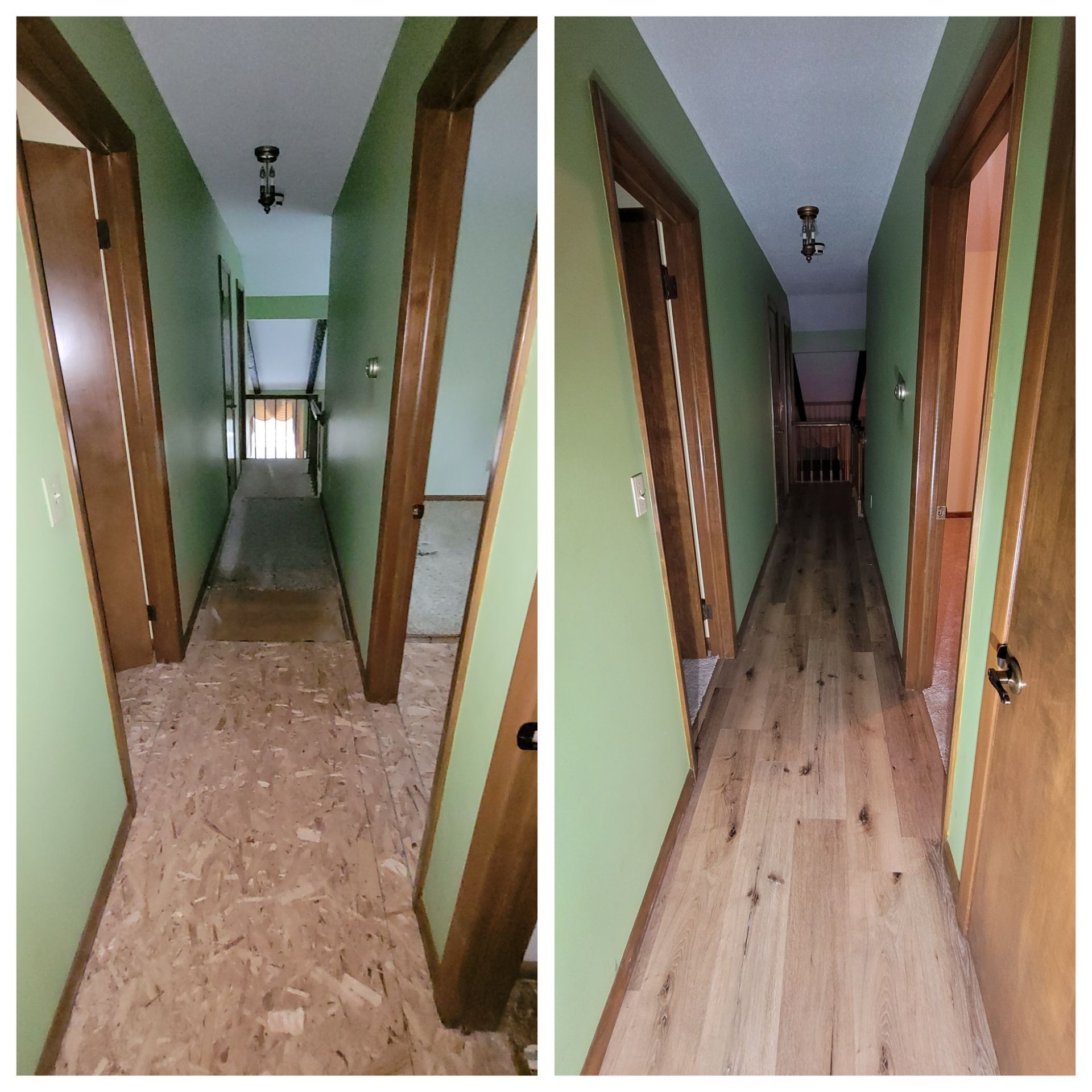 Hallway before and after flooring installation. Light green walls, wooden doors and trim. New light wood flooring.