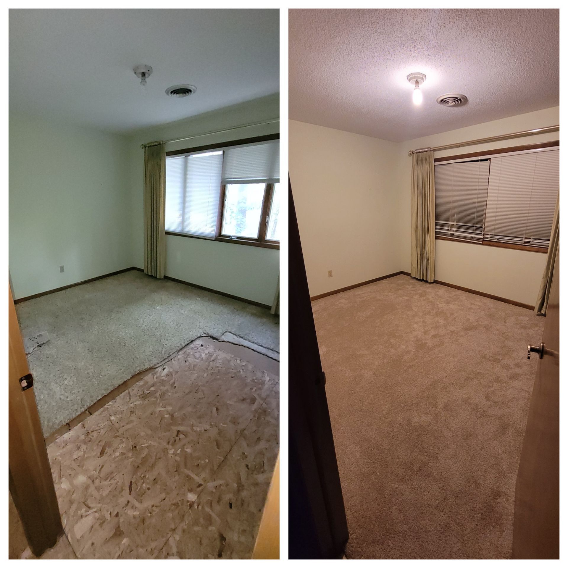 Before and after photos of a room with old flooring and new carpet, pale green walls, and a window with blinds.
