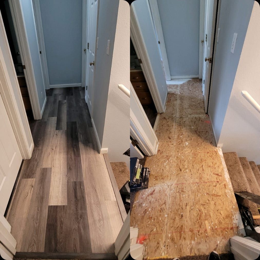 Hallway before and after flooring renovation: new gray vinyl planks, old subfloor exposed.