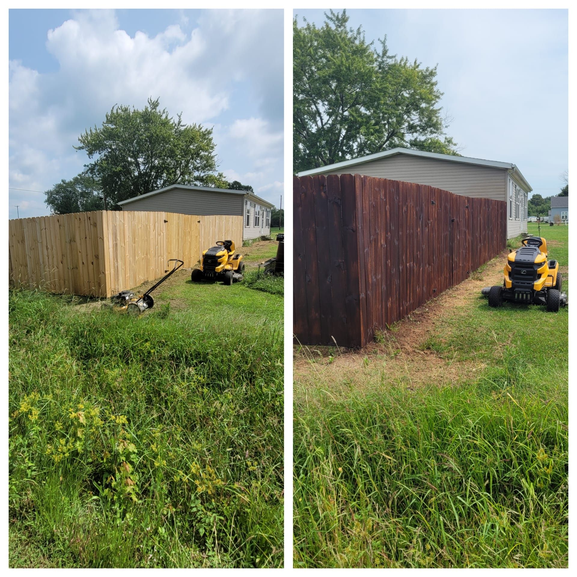 Before and after of a wooden fence, stained from natural to dark brown, with a lawnmower in the yard.