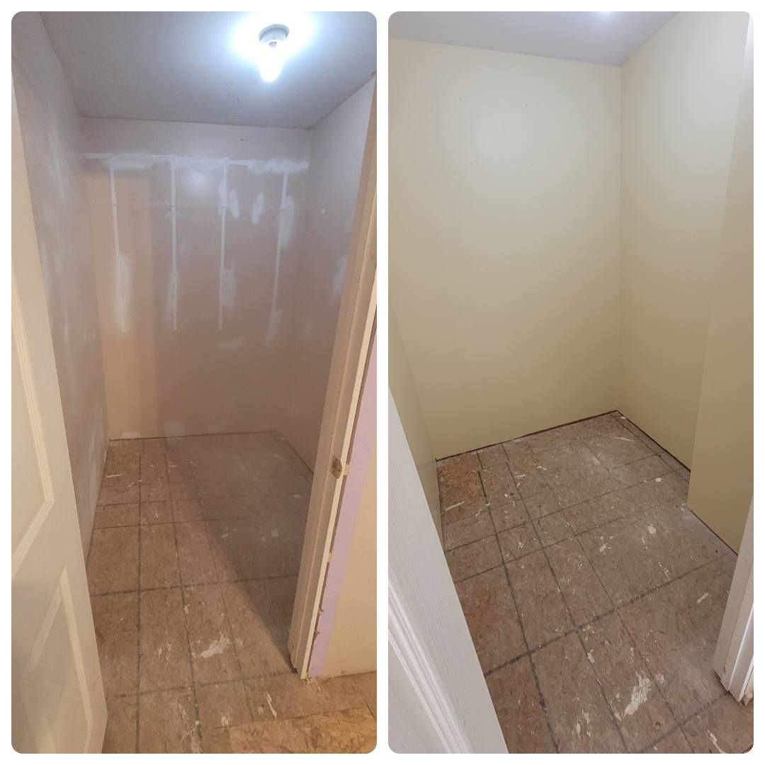 Two photos of a small room. The first has unfinished walls and floor. The second is painted with a finished floor.