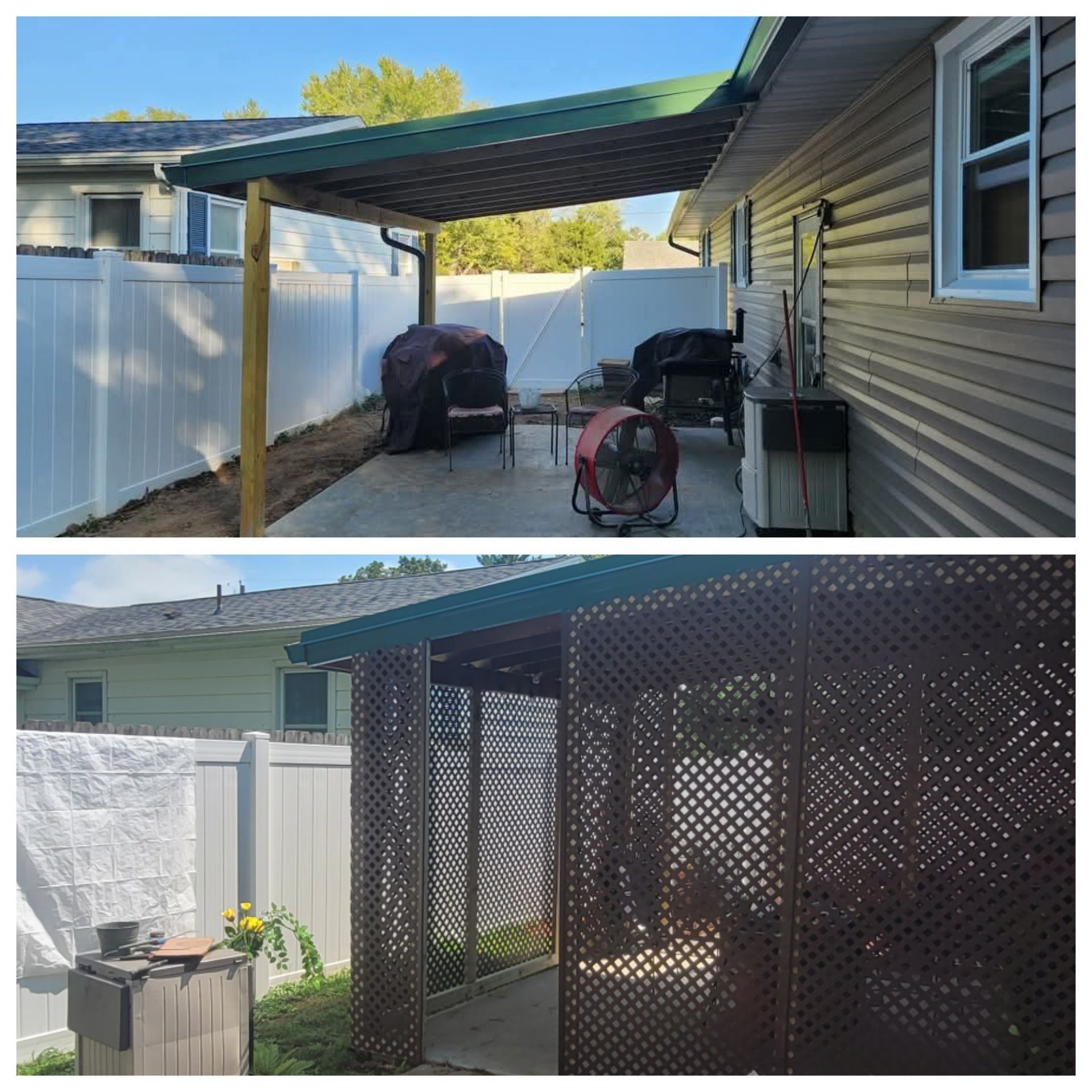 Two images: patio with green roof and wood support. Top: Open side. Bottom: Lattice side panels added.
