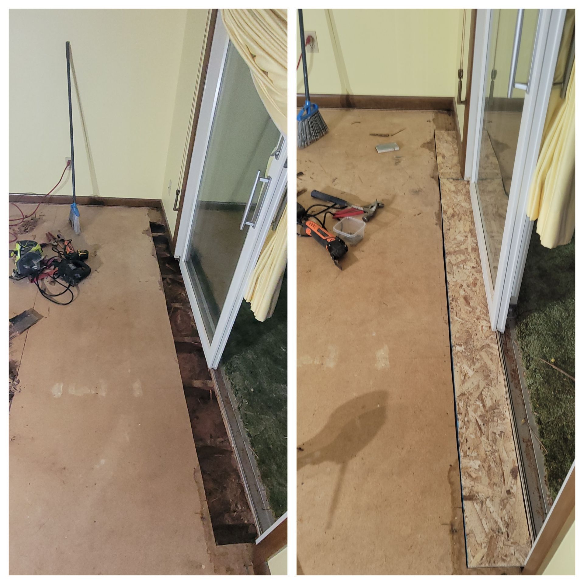 Two views of room with patio door, wood border, and exposed flooring. Construction tools scattered.