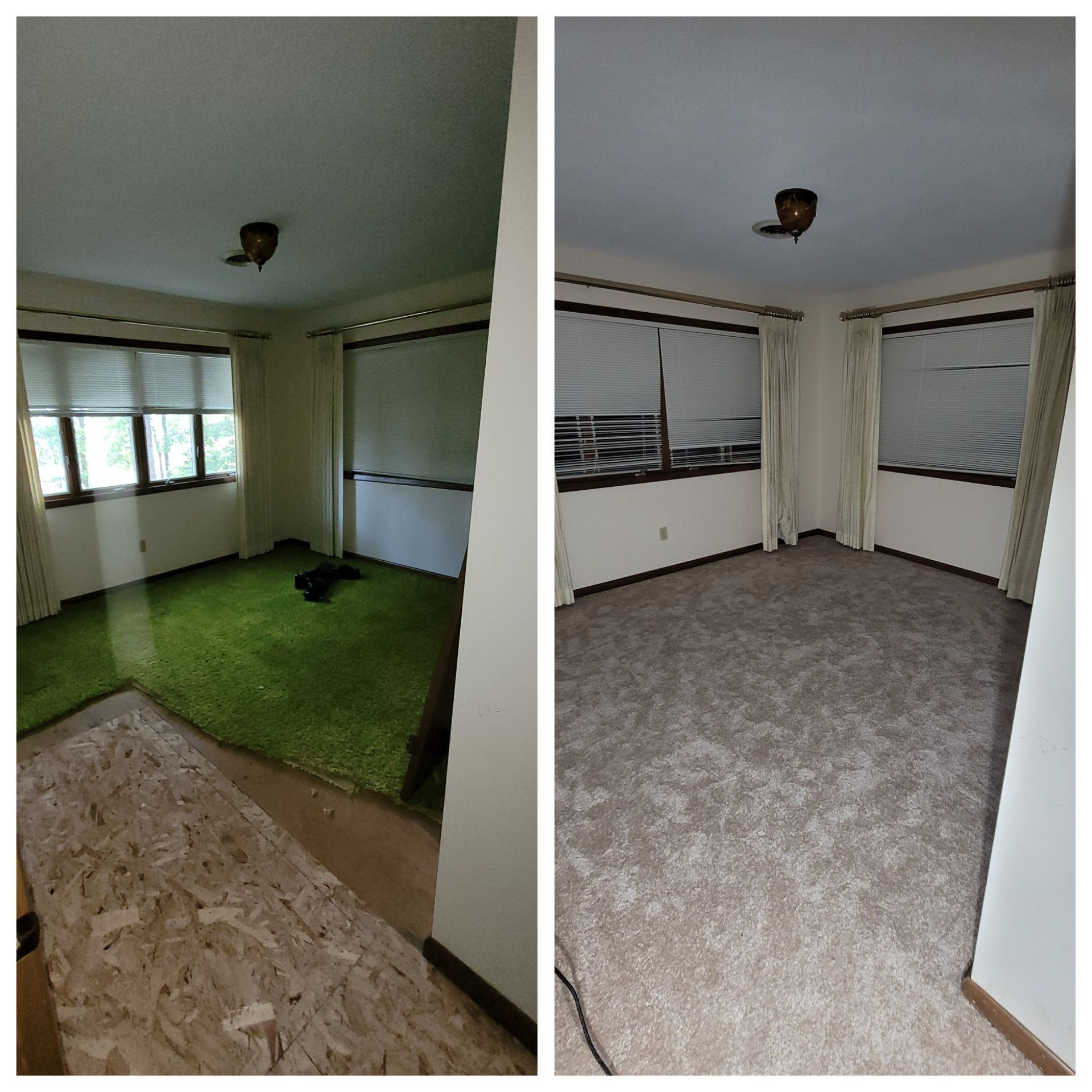 Room before and after carpet replacement; green carpet is replaced with beige.