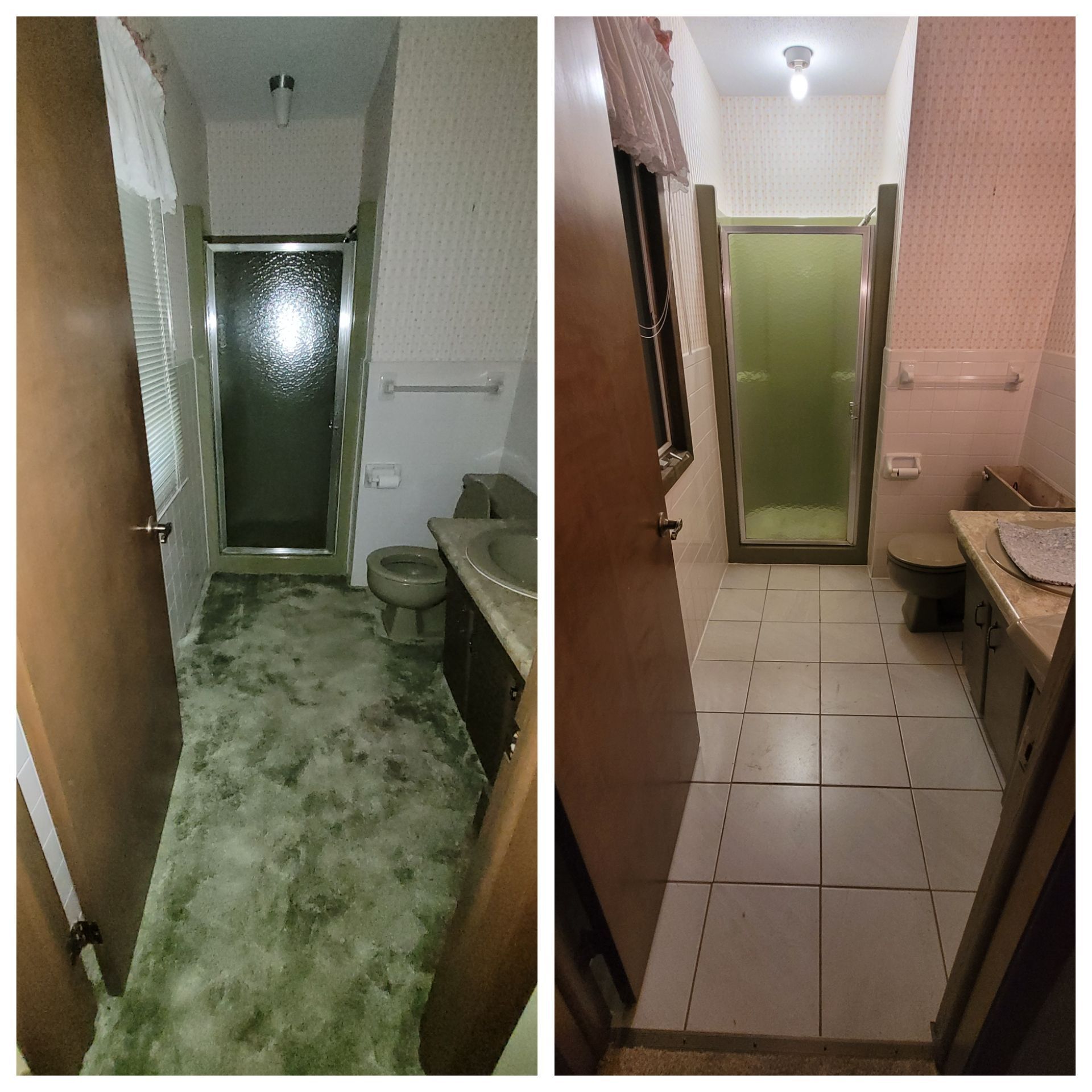 Bathroom renovation before and after: Green carpet replaced with tile. New sink, and shower.