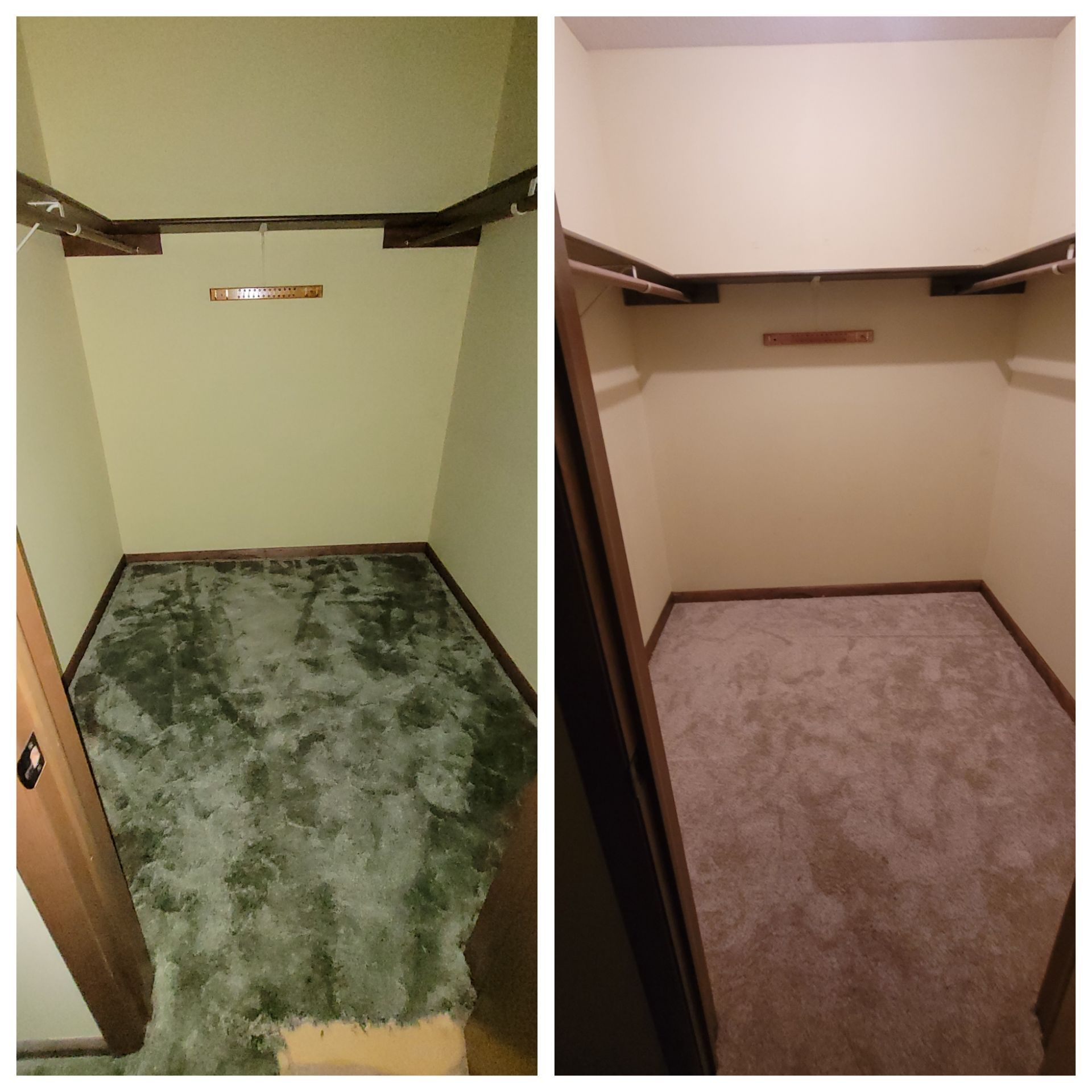 Two views of a closet: Before with worn green carpet, after with new tan carpet.
