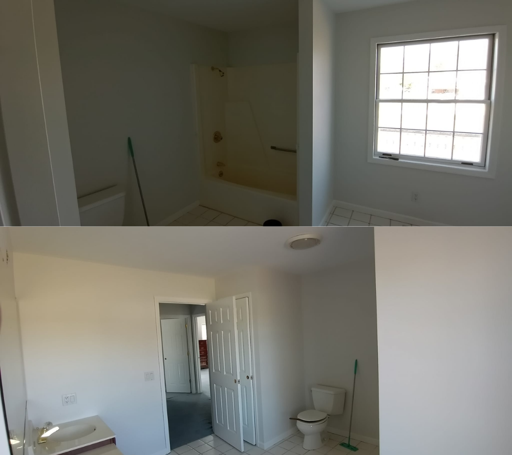 Two views of a bathroom: one with a shower/tub, the other with a toilet, sink, and closet. Both appear to be newly painted.