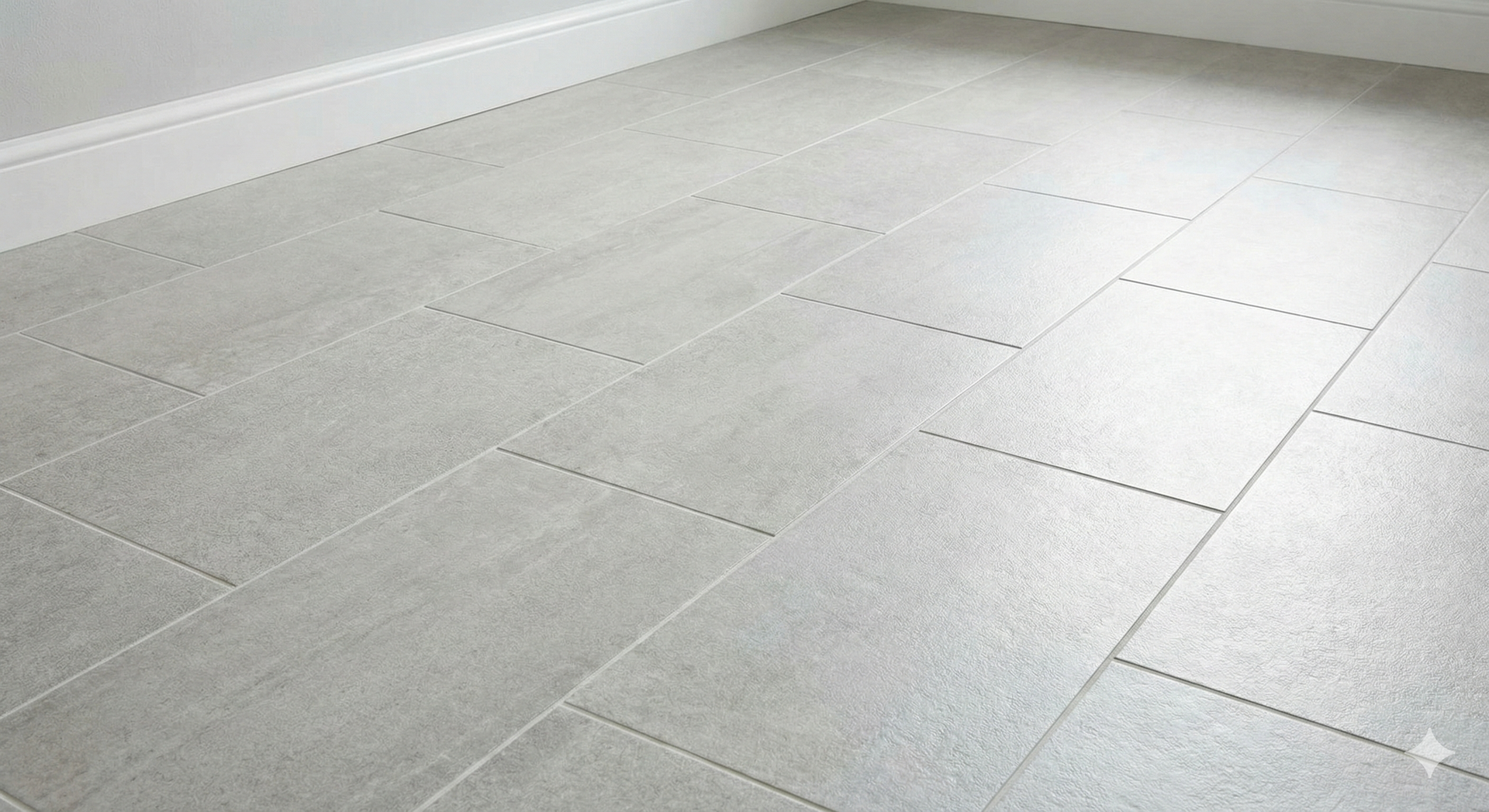 Light gray tiled floor in a room, with white baseboard along the wall.