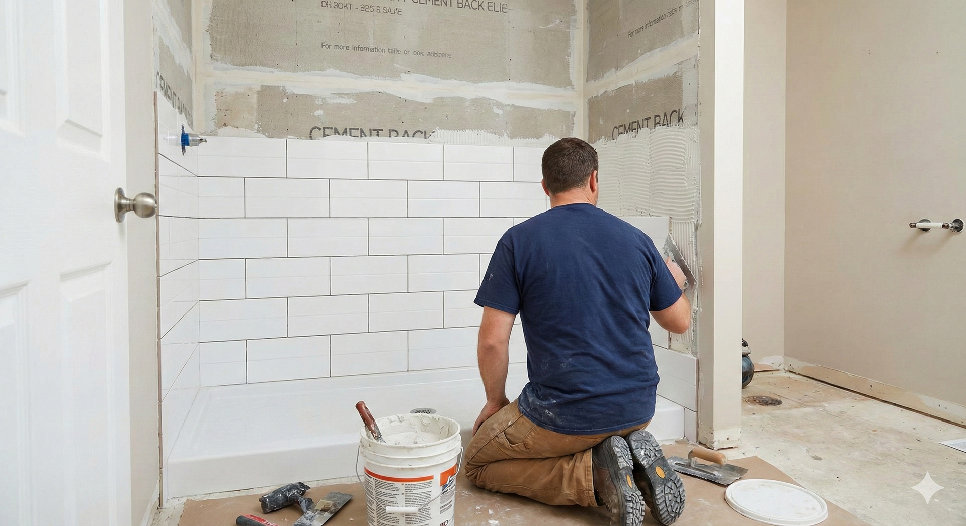Man tiling a shower wall, kneeling on a mat. White tiles and mortar buckets are visible in a bathroom.