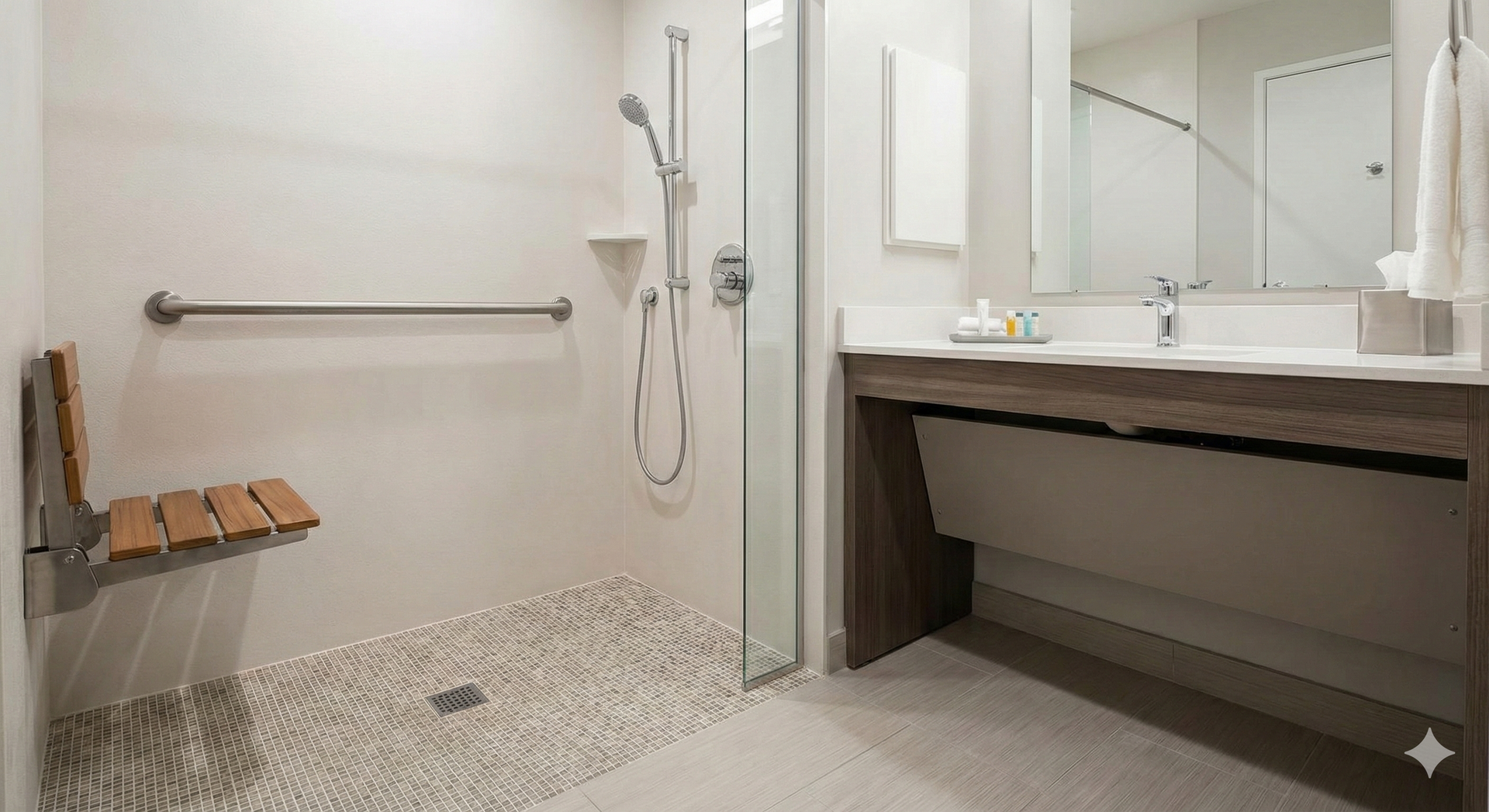 Accessible bathroom with roll-under sink, shower with seat, grab bar, and stone floor.