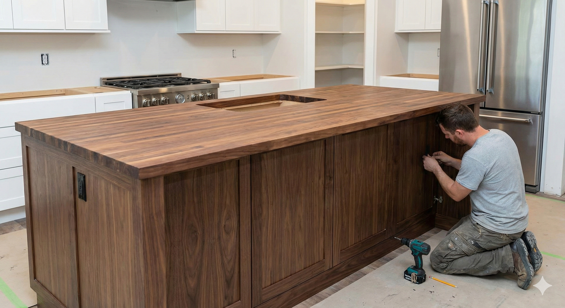Man installing hardware on a large wooden kitchen island with a dark wood countertop.