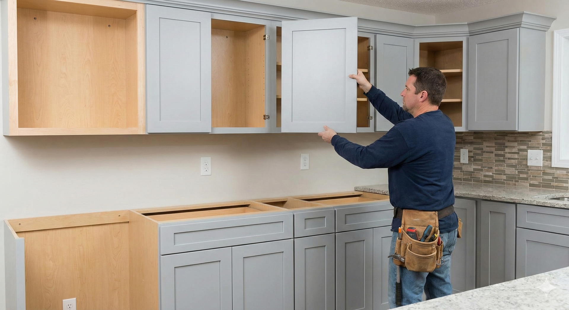 Man installing cabinet door in a kitchen with gray cabinets and countertops.