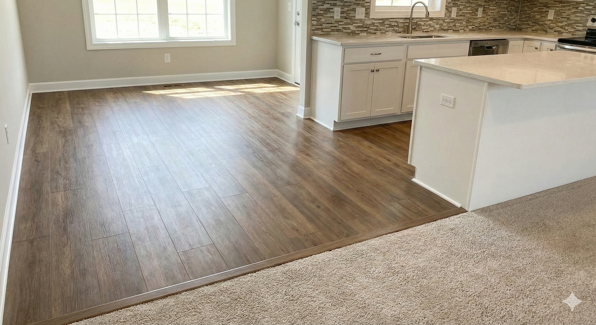 Hardwood flooring transitions to carpet in a living area. A kitchen is in the background.