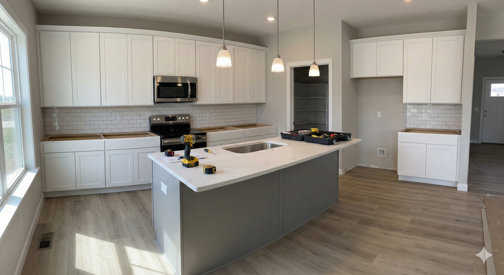 Modern white kitchen with island, gray cabinets, light wood floors, and pendant lighting.