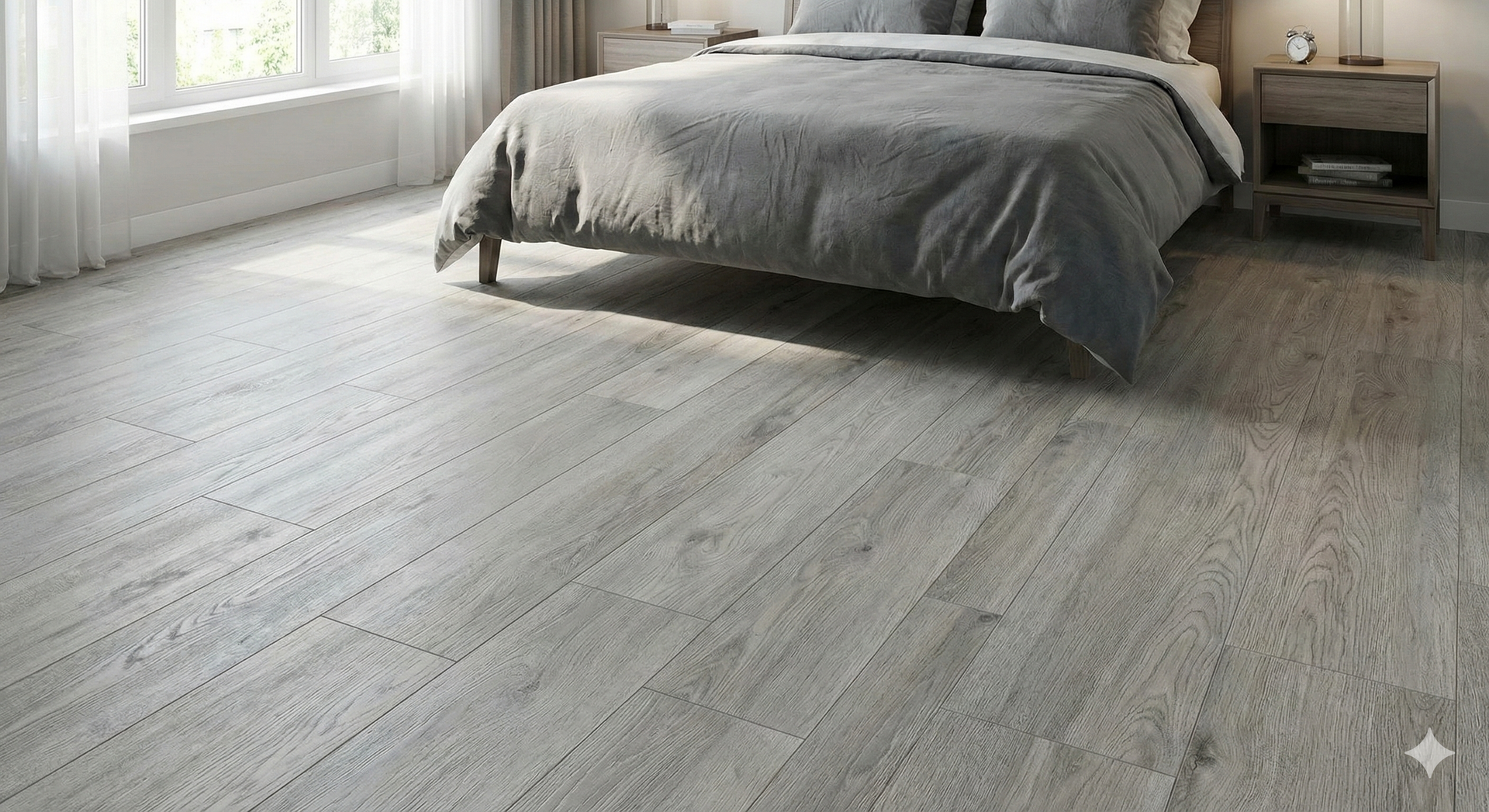 Bedroom with gray wood-look flooring, a bed, nightstand, and window with sheer curtains.