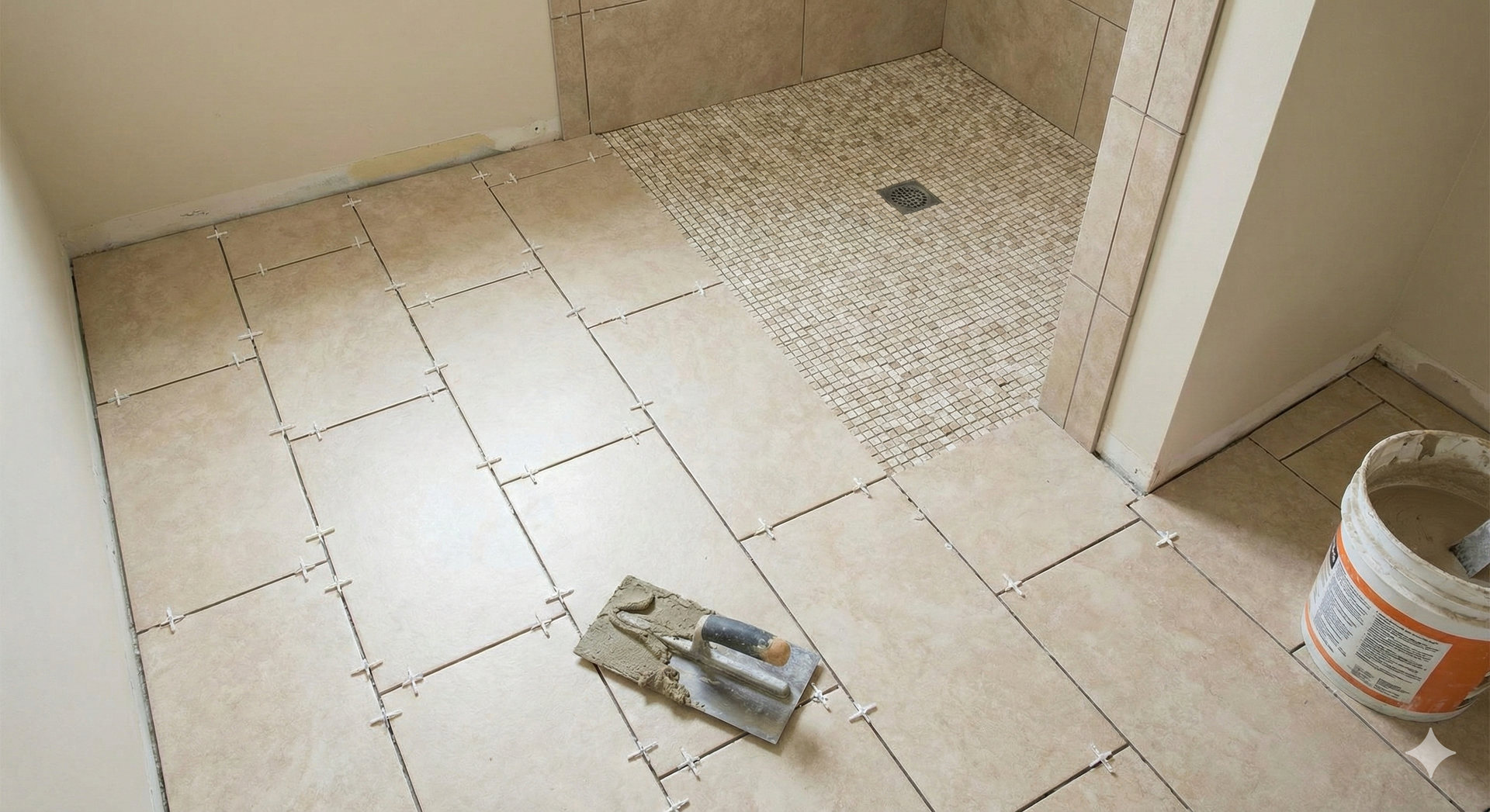 Bathroom floor and shower under construction with beige tiles and pebble shower base.