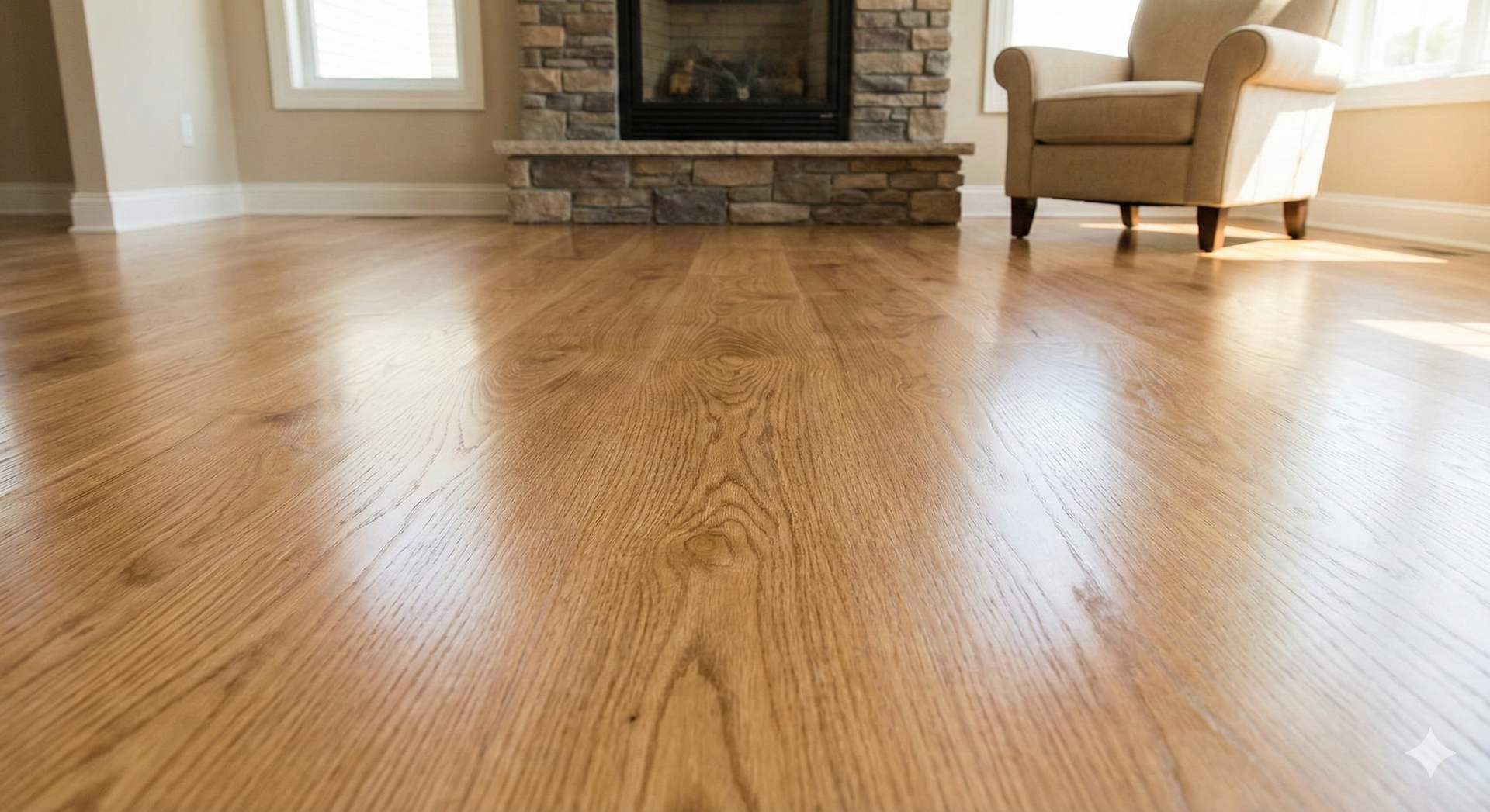 Close-up of shiny, light-colored hardwood floor in a room with a fireplace and armchair.